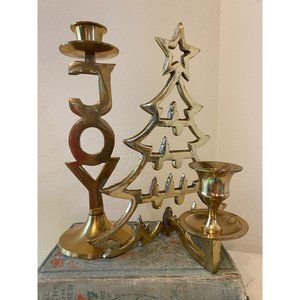 Vintage brass joy, and Christmas tree candlestick holders